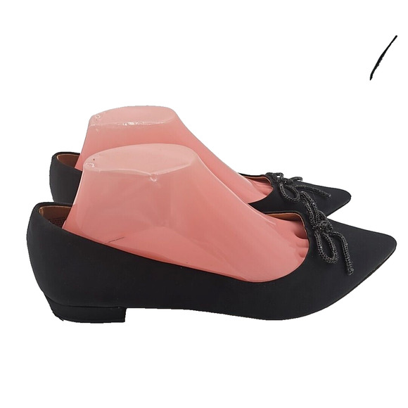 J. Crew BL562 Black Satin Bow Pointed Toe Slip On Ballet Flats Womans Size 9 - Picture 2 of 7